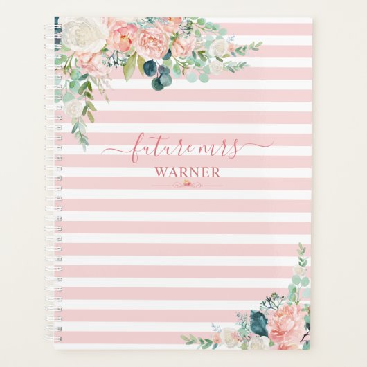 Floral Rose Gold Pink Stripe Script Zukunft Mrs. Planer (Vorderseite)
