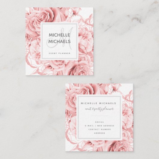 Floral Rose Gold Simple Script Monogram Quadratische Visitenkarte (Vorne/Hinten)