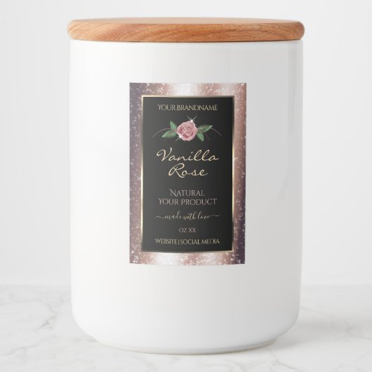 Floral Rose Gold Soft Glitzer Black Product Labels Lebensmitteletikett (Vorderseite)