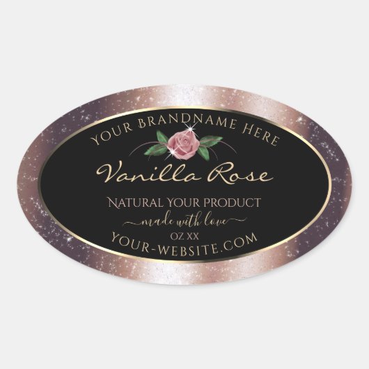 Floral Rose Gold Soft Glitzer Black Product Labels Ovaler Aufkleber (Vorderseite)