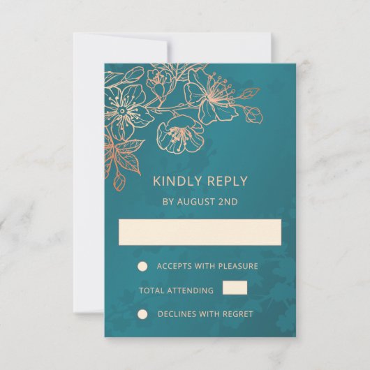 Floral Rose Gold Teal Wedding RSVP (Vorderseite)