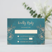 Floral Rose Gold Teal Wedding RSVP Karte (Stehend Vorderseite)