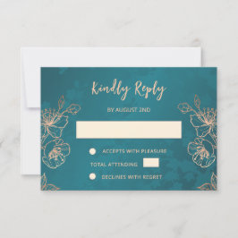 Floral Rose Gold Teal Wedding RSVP Karte