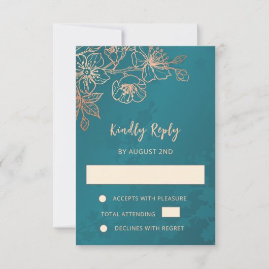 Floral Rose Gold Teal Wedding RSVP Karte (Vorderseite)