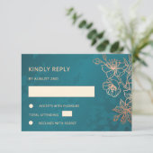 Floral Rose Gold Teal Wedding RSVP Karte (Stehend Vorderseite)