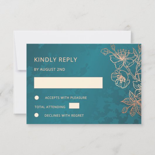 Floral Rose Gold Teal Wedding RSVP Karte (Vorderseite)