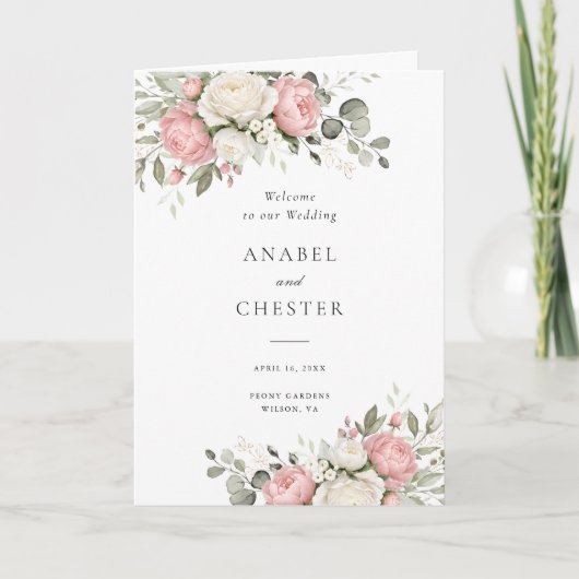 Floral Rosé-Grün Hochzeitsprogramm gefaltet Programm (Vorderseite)