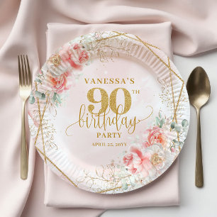 Floral Rosé Pink Gold Rahmen Custom 90. Geburtstag Pappteller