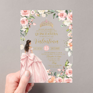 Floral Roses Blush Pink Quinceañera 15. Geburtstag Acryleinladungen
