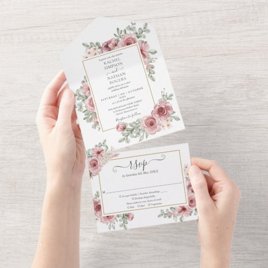 Floral Roses Gold Geometric Wedding All In One Einladung (Abreißen)