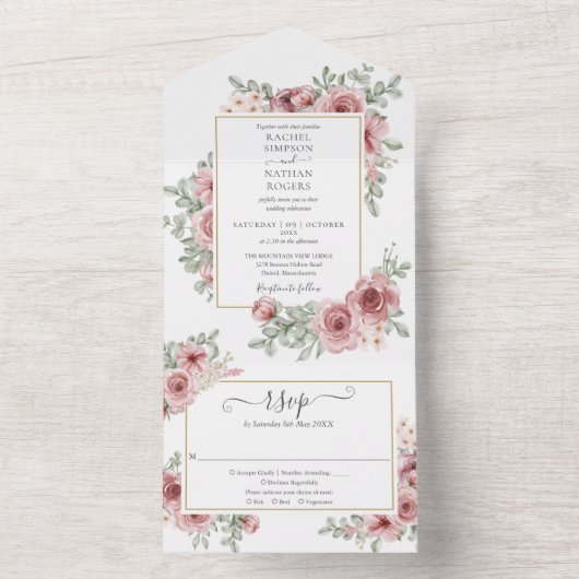 Floral Roses Gold Geometric Wedding All In One Einladung (Innen Boden)