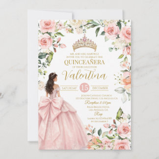Floral Roses Rosafarben Quinceañera 15. Geburtstag Einladung