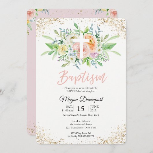 Floral rot rosa elegante Taufe Einladung (Vorne/Hinten)