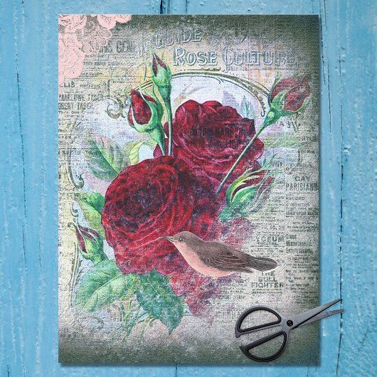 Floral Rote Rosen Finch Bird Ephemera Decoupage Seidenpapier