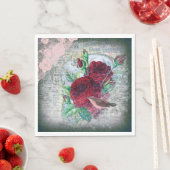 Floral Rote Rosen Finch Bird Ephemera Decoupage Serviette (Beispiel)
