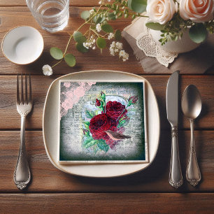 Floral Rote Rosen Finch Bird Ephemera Decoupage Serviette