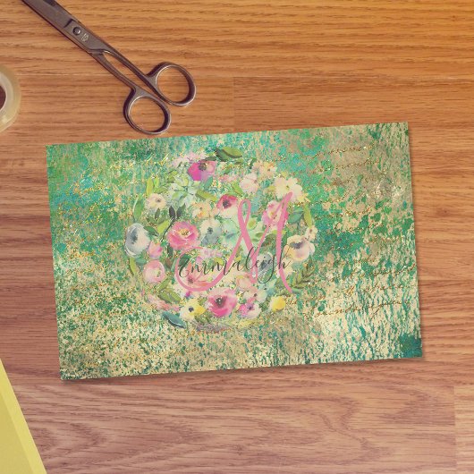 Floral Round Bouquet Monogram Green Gold Decoupage Seidenpapier
