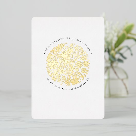 Floral Round Minimalistisch Glamour Save the Date Folieneinladung (Stehend vorne)