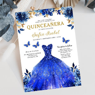 Floral Royal Blau Bilingual Spanische Quinceanera Einladung