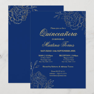 Floral Royal Blau Gold Feine Kunst Quinceanera Einladung