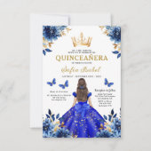 Floral Royal Blue Bilingual Spanish Quinceanera Einladung (Vorderseite)