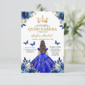 Floral Royal Blue Bilingual Spanish Quinceanera Einladung (Stehend Vorderseite)