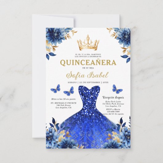 Floral Royal Blue Bilingual Spanish Quinceanera Einladung (Rückseite)