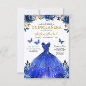 Floral Royal Blue Bilingual Spanish Quinceanera Einladung (Vorderseite)