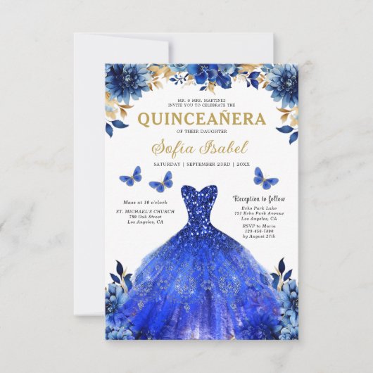Floral Royal Blue Bilingual Spanish Quinceanera Einladung (Vorderseite)