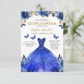 Floral Royal Blue Bilingual Spanish Quinceanera Einladung (Stehend Vorderseite)