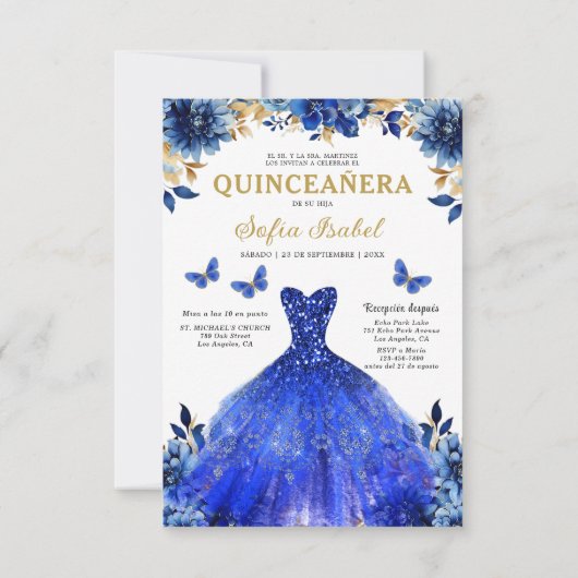 Floral Royal Blue Bilingual Spanish Quinceanera Einladung (Rückseite)