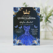 Floral Royal Blue Bilingual Spanish Quinceanera Einladung (Stehend Vorderseite)