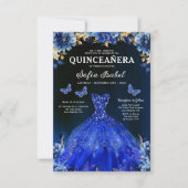 Floral Royal Blue Bilingual Spanish Quinceanera Einladung (Vorderseite)