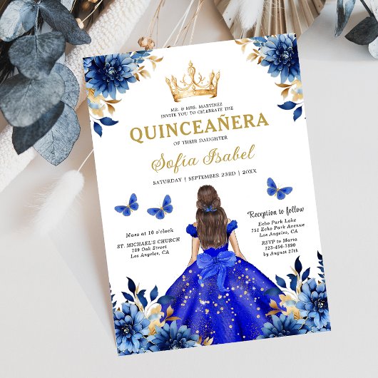 Floral Royal Blue Bilingual Spanish Quinceanera Einladung