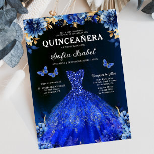 Floral Royal Blue Bilingual Spanish Quinceanera Einladung