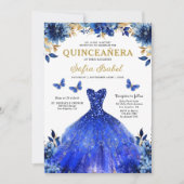Floral Royal Blue Bilingual Spanish Quinceanera Einladung (Vorderseite)