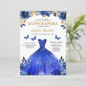 Floral Royal Blue Bilingual Spanish Quinceanera Einladung (Stehend Vorderseite)