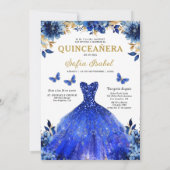 Floral Royal Blue Bilingual Spanish Quinceanera Einladung (Rückseite)