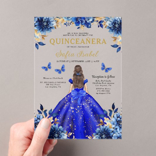 Floral Royal Blue Butterfly Princess Quinceanera Acryleinladungen (Insitu (Handheld))