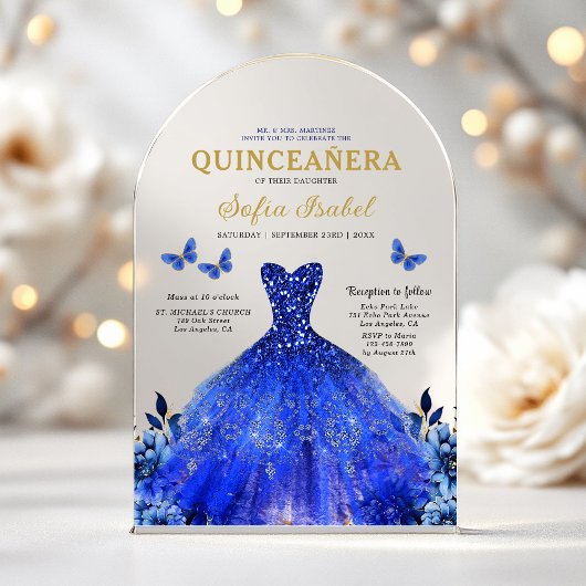 Floral Royal Blue Butterfly Princess Quinceanera Acryleinladungen