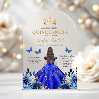 Floral Royal Blue Butterfly Princess Quinceanera Acryleinladungen