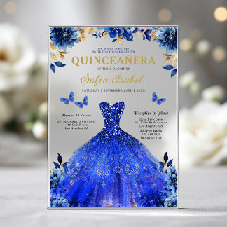 Floral Royal Blue Butterfly Princess Quinceanera Acryleinladungen