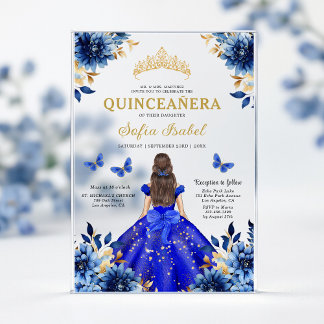 Floral Royal Blue Butterfly Princess Quinceanera Acryleinladungen