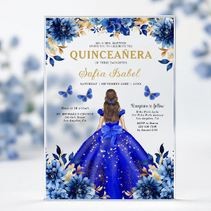 Floral Royal Blue Butterfly Princess Quinceanera Acryleinladungen