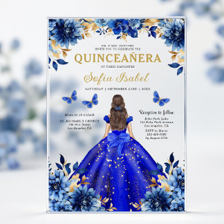 Floral Royal Blue Butterfly Princess Quinceanera Acryleinladungen