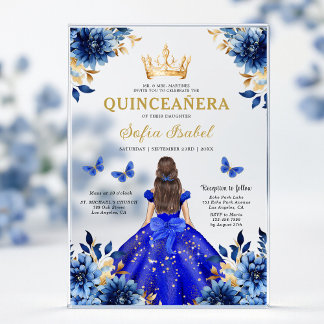 Floral Royal Blue Butterfly Princess Quinceanera Acryleinladungen