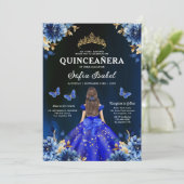 Floral Royal Blue Butterfly Princess Quinceanera Einladung (Stehend Vorderseite)