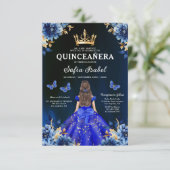 Floral Royal Blue Butterfly Princess Quinceanera Einladung (Stehend Vorderseite)