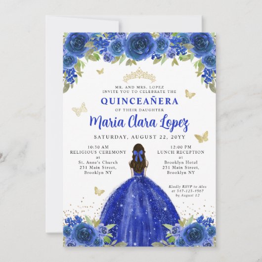 Floral Royal Blue Butterfly Princess Quinceanera Einladung (Vorderseite)