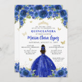 Floral Royal Blue Butterfly Princess Quinceanera Einladung (Vorne/Hinten)